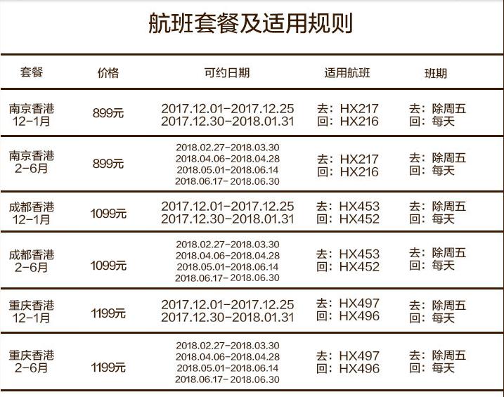 香港航空 南京/成都/重庆直飞香港2-7天往返含税机票