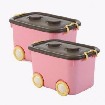 当当优品 2个装带滑轮塑料整理箱50L 粉色