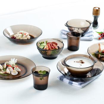 DURALEX 多莱斯法国进口餐具套装三人10件套 钢化玻璃杯碗碟套装 咖啡色