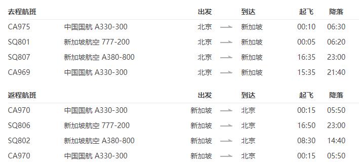 北京/南京直飞新加坡6-7天往返含税机票