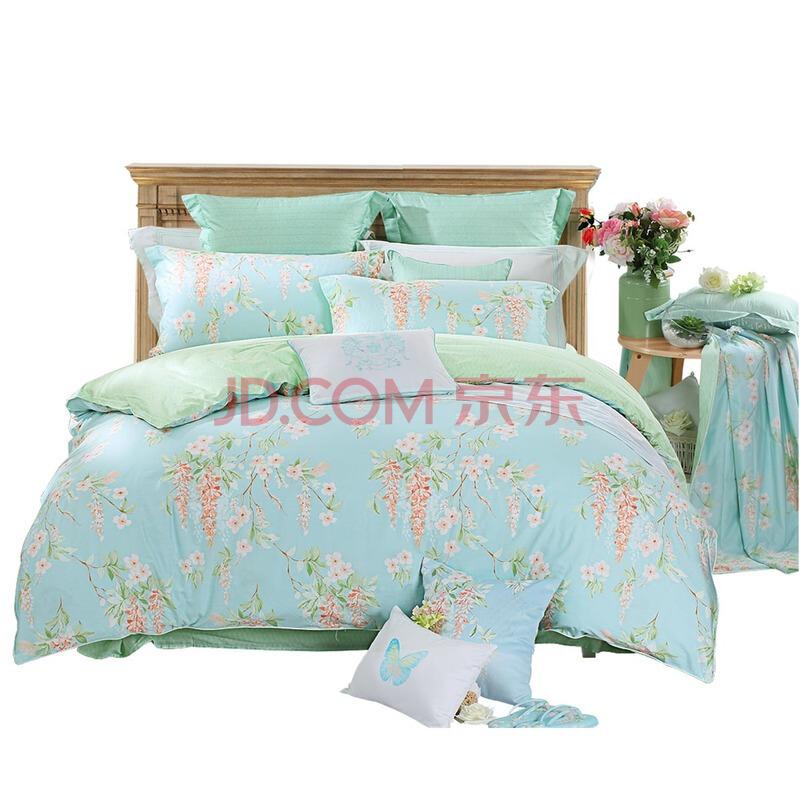 水星家纺(MERCURY) 床上用品四件套纯棉 全棉斜纹印花被套床单 威尼斯花园(浅蓝) 加大双人1.8米床