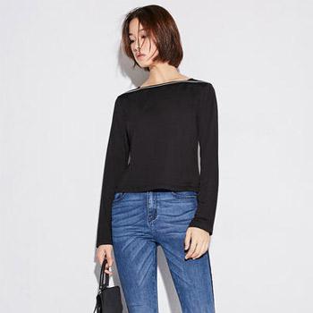 Amii 2017秋装新修身显瘦方领拼接织带长袖T恤