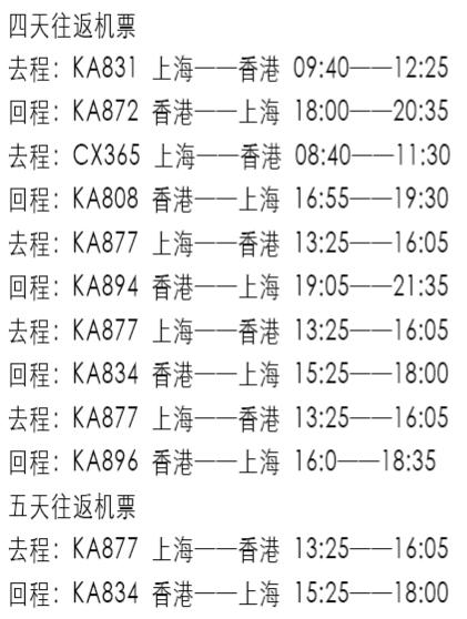 国泰港龙航空 上海-香港4-5天往返含税