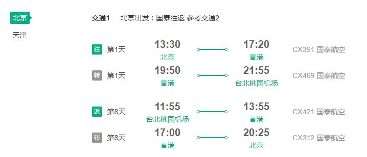 多航司 北京/天津往返台湾8天含税机票