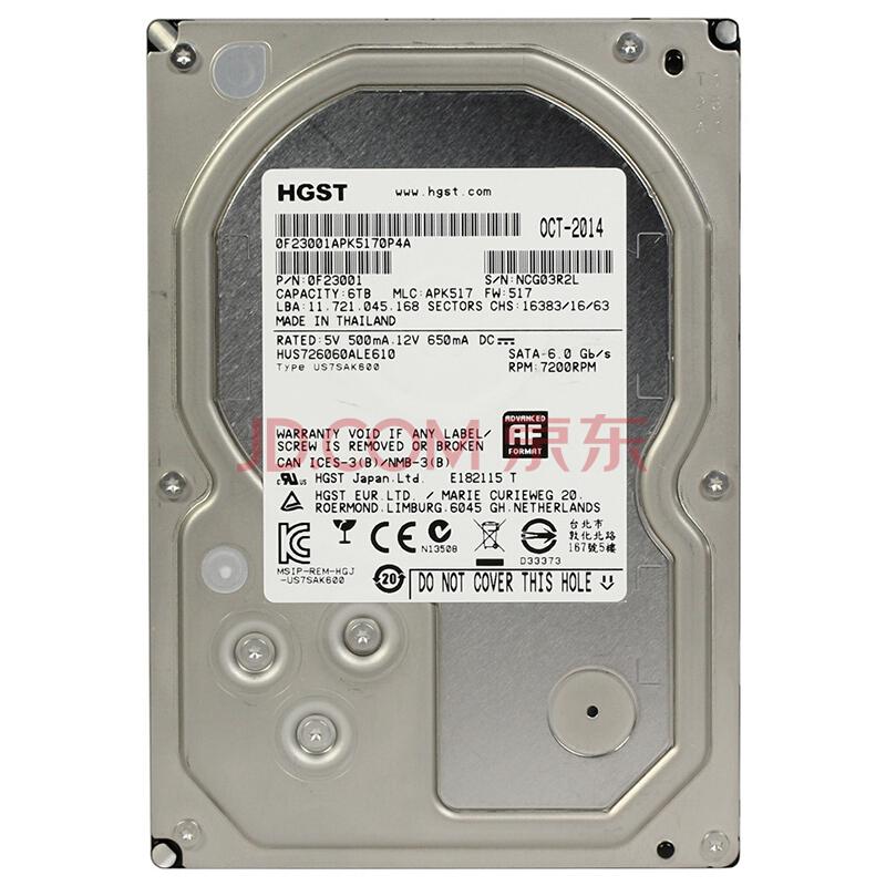 HGST昱科 6TB 7200转128M SATA6Gb/s 企业级硬盘(HUS726060ALE610)