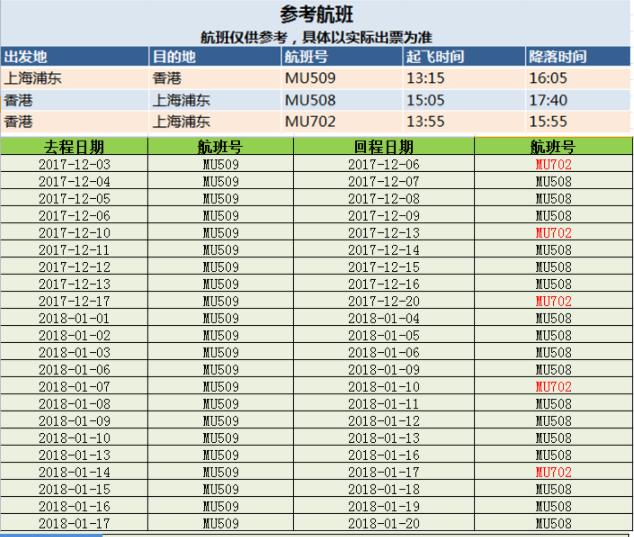 12月至1月 东航 上海-香港 4天往返含税机票