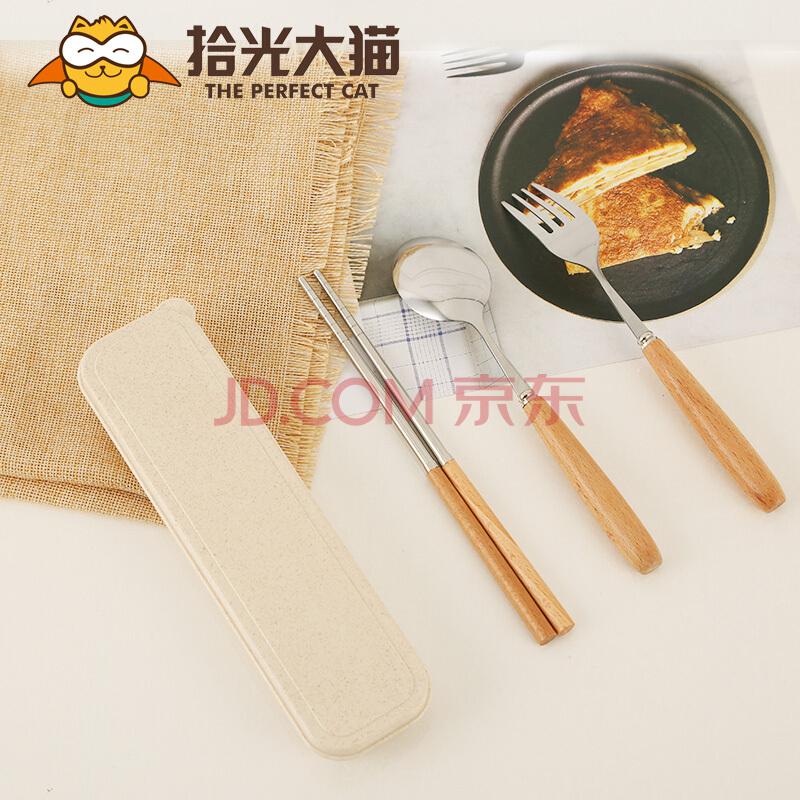 拾光大猫 中式榉木木柄不锈钢餐具 筷+勺+叉+小麦盒