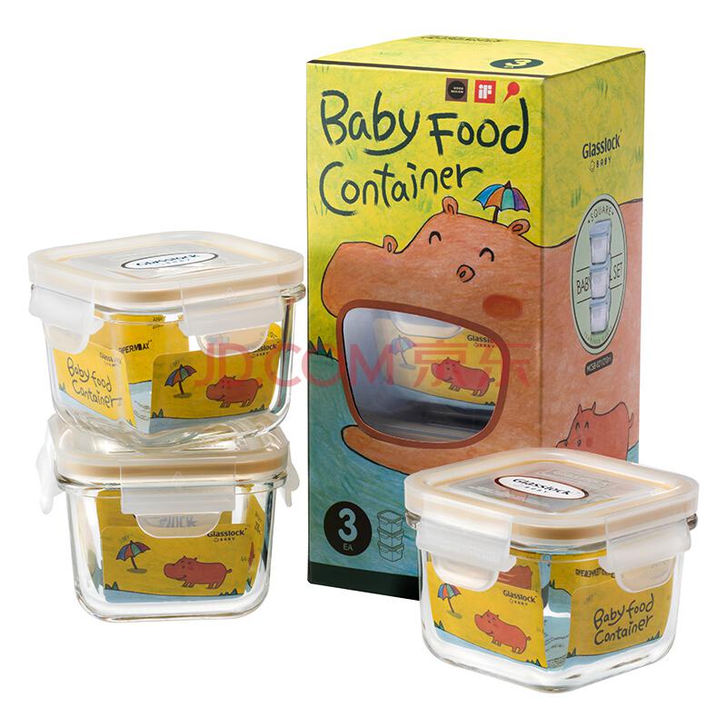 glasslockbaby婴儿辅食盒玻璃套装密封保鲜盒可冷冻方形210ml*3 *3件116元（合38.67元/件）
