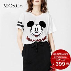 天猫 MO&Co. 圆领条纹亮珠片米奇头像图案T恤