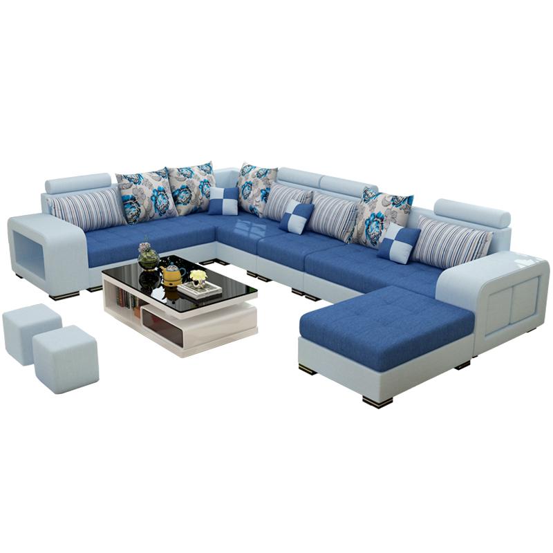 忆斧至家 简约现代转角U型组合沙发(蓝色 六件套+地毯) 可拆洗