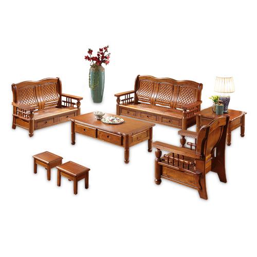 健舒宝 中式实木香樟木沙发组合+长茶几+方茶几+2小凳子