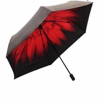 天堂伞 UPF50+碳纤黑胶朝里转印三折晴雨伞太阳伞