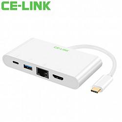 CE-LINK Type-C转HDMI/千兆网卡+USB3.0HUB USB-C苹果电脑转换器 充电数据传输mac连接投影显示器 白色 3975