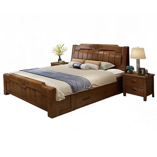 忆斧至家 中式实木双人床 1.5米款+椰棕床垫+床头柜 2个