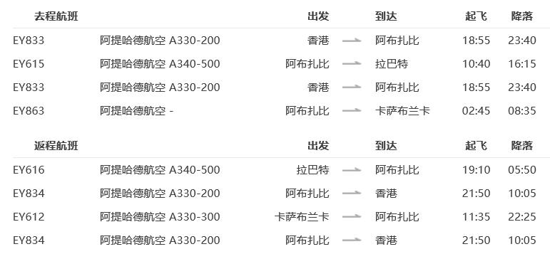 阿提哈德航空 香港-摩洛哥拉巴特/卡萨布兰卡7-30天往返含税