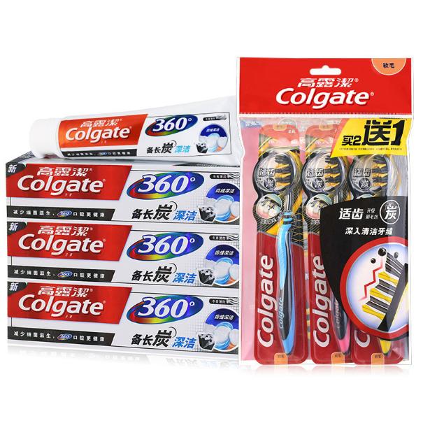 Colgate 高露洁 360含炭牙膏牙刷组合装（备长炭牙膏120g*3支+适齿炭牙刷3支装） *2件
