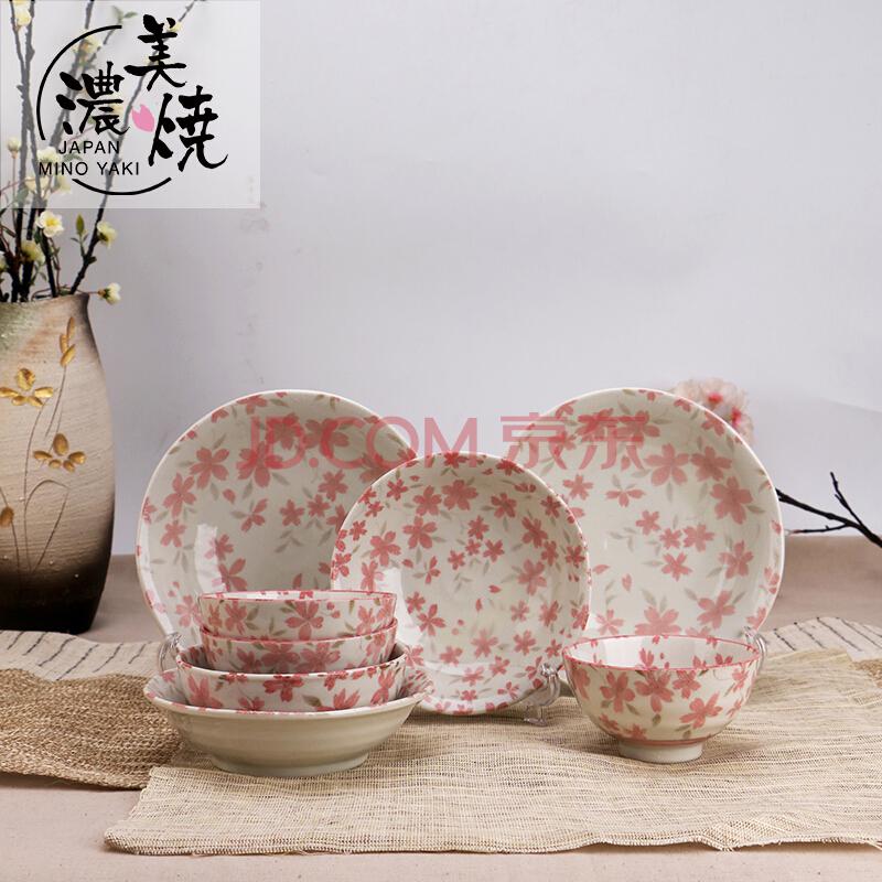 美浓烧日式陶瓷餐具套装碗盘樱花个性骨瓷碗碟套装家用4头 布目樱花8头149元