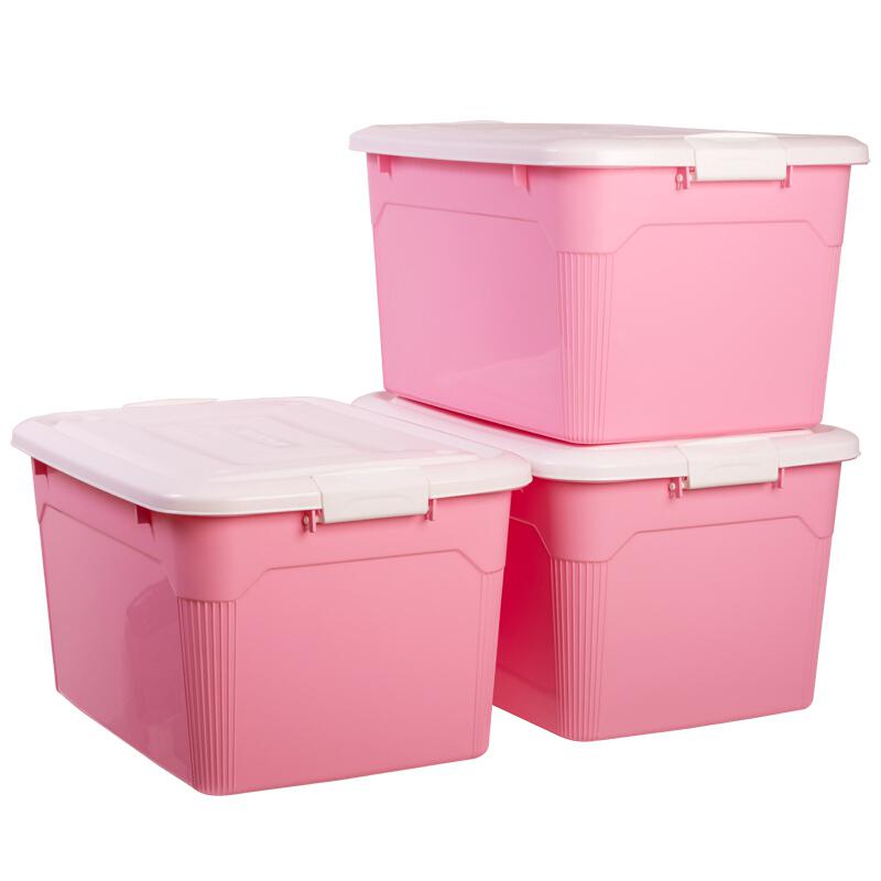 百草园 塑料整理箱收纳箱大号60L 3个装 樱花粉