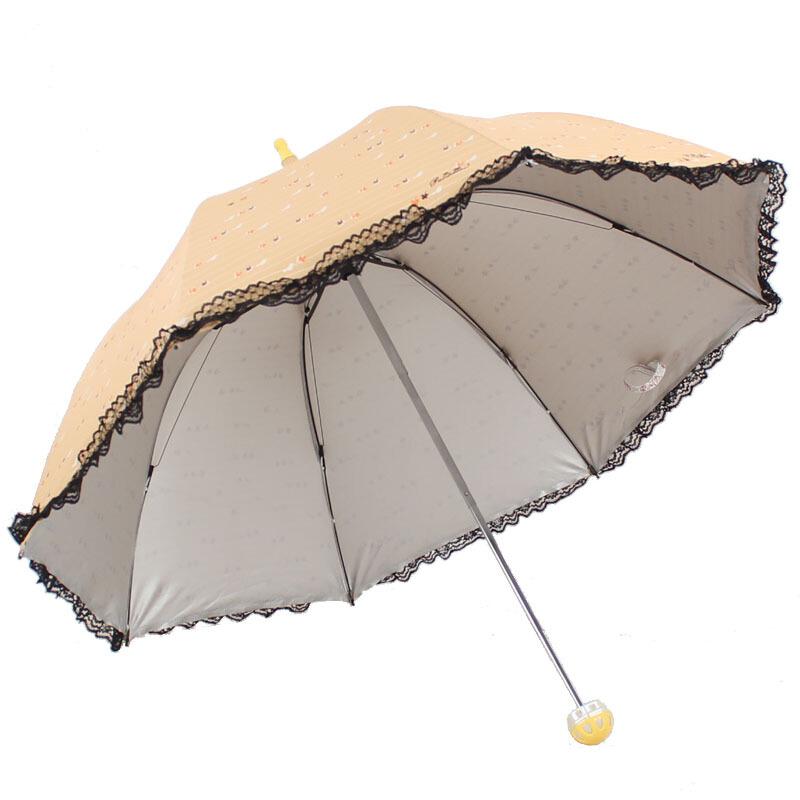 天堂伞 高密聚酯银胶丝印拼黑色蕾丝边三折蘑菇晴雨伞