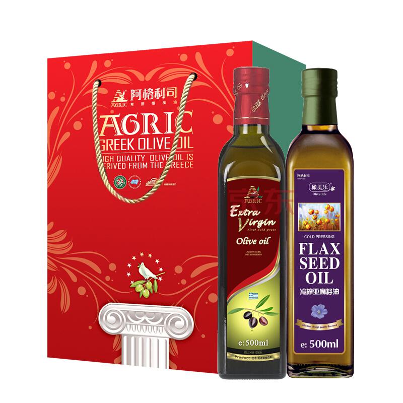 阿格利司（AGRIC）特级初榨橄榄油 冷榨亚麻籽油 500ml*2健康1+1 礼盒（新老包装随机发放） *2件161.9元（合80.95元/件）