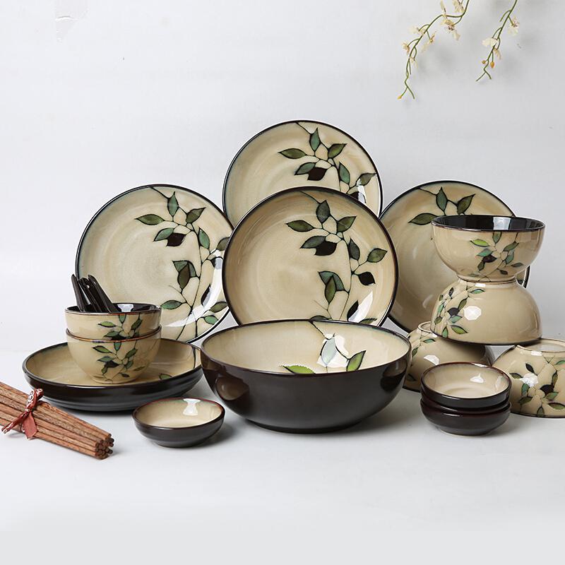 玉泉 韩式厨房陶瓷套件碟碗套装竹叶-30件套装
