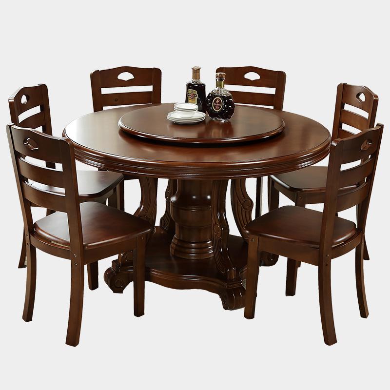 美天乐 现代中式实木圆形餐桌 1.3米+6椅带转盘