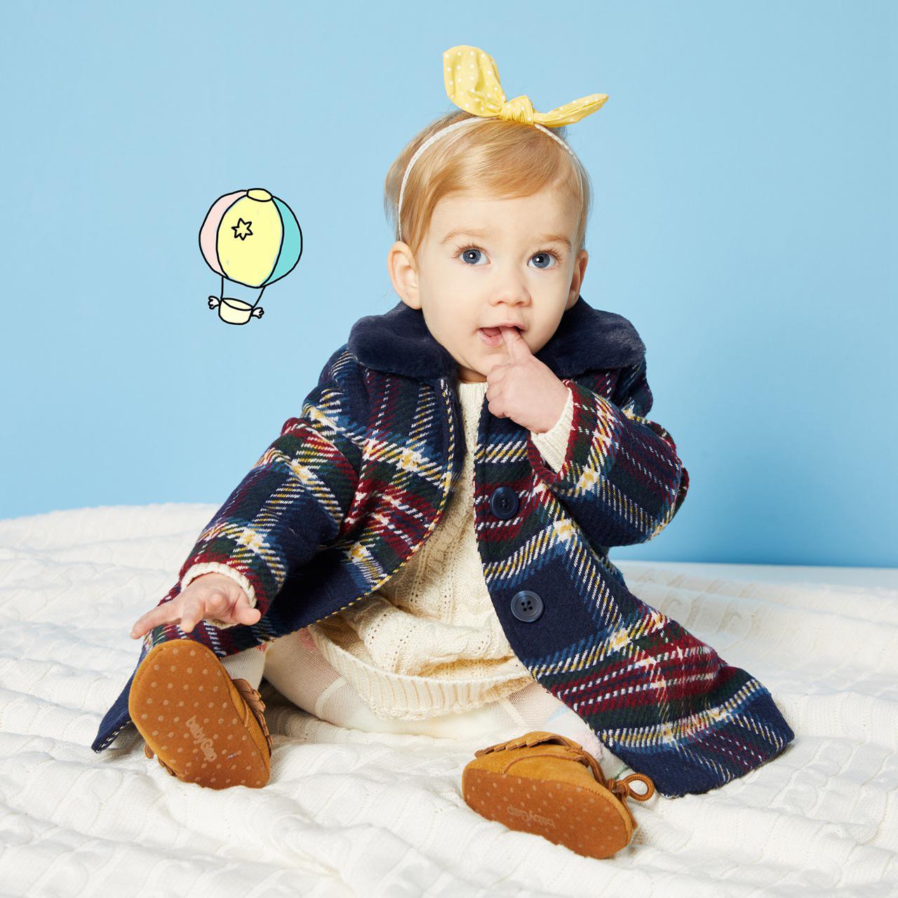 女王节：Gap 婴儿人造毛皮衣领格纹大衣