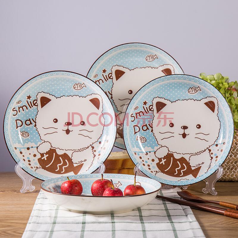 【京东超市】厨美 陶瓷盘子套装（8英寸）儿童餐具 卡通印花饭盘菜盘深盘（4只装） 蓝色猫咪