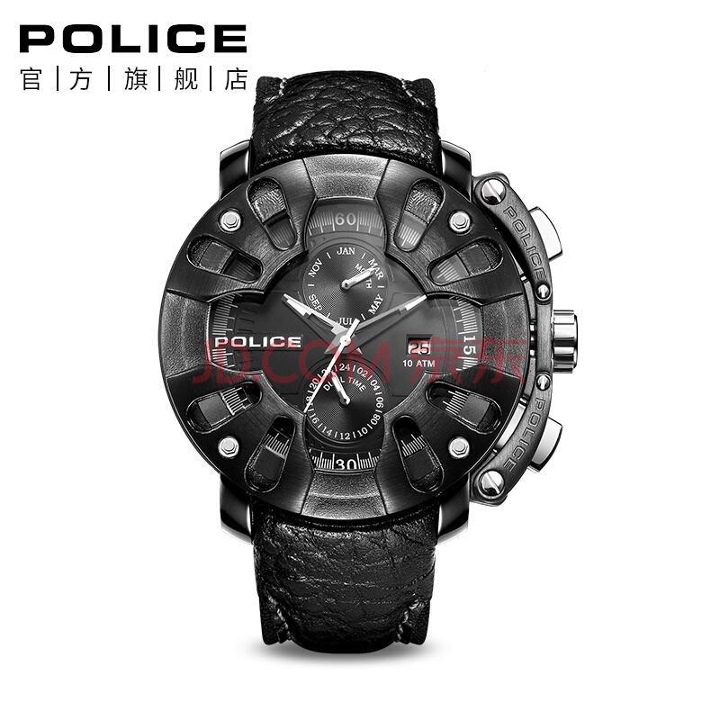 POLICE手表男士腕表石英机芯酷黑朋克多功能皮带男士手表PL.13806JSB/021150元