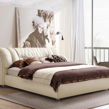 618预售： 林氏木业 环保头层牛皮软包床（米黄色升级版）1.5米